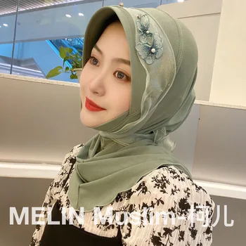 2022 Tauriņš Appliques Musulmaņu Meitenes Hijabs Ar Lenti Aptīt Vāciņi 0